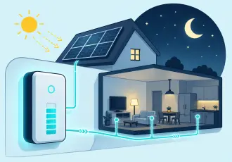 le soir, la batterie de stockage prend le relais pour alimenter la maison en énergie