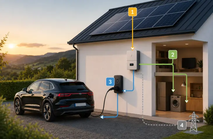 infographie du fonctionnement d'une borne de recharge associé une production solaire