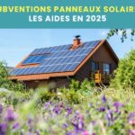 Un toit de maison avec des panneaux solaires DOMOSOLARIS en arrière plan d'un champ aux fleurs violettes.