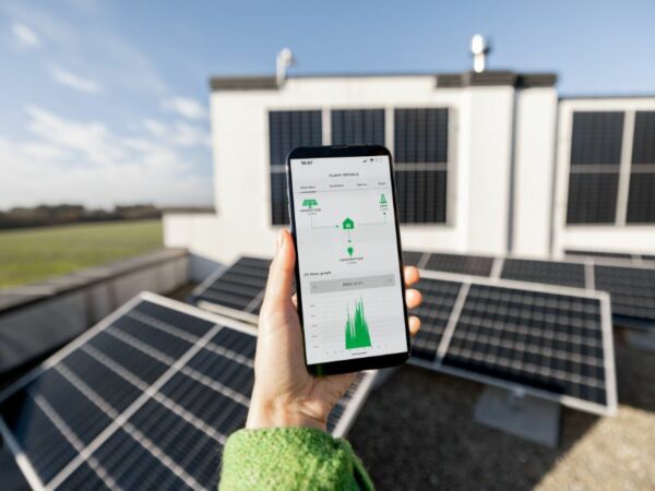 Un smartphone avec une application verte d'autoconsommation photovoltaïque devant un toit panneaux solaires.